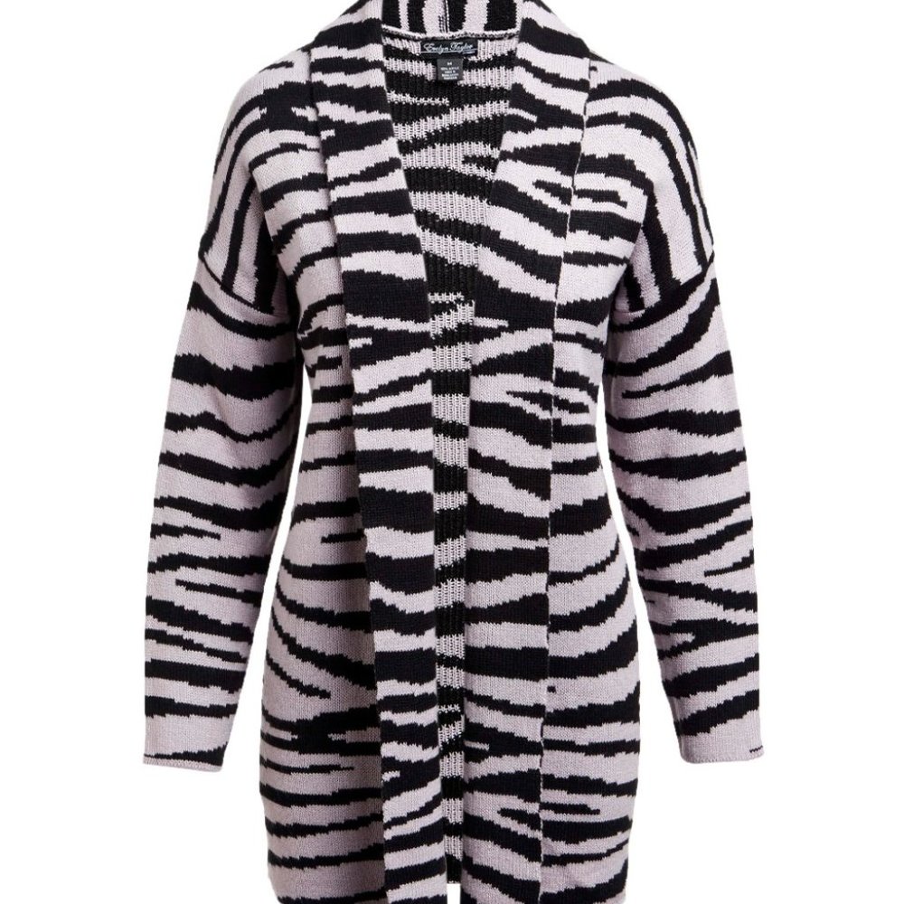 NWT Evelyn Taylor | Black & Light Purple Tiger Stripe Open Cardigan - Large